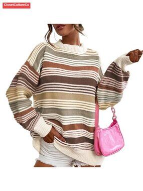 Womens Contrast Striped Sweater Color Block Knitted Pullover